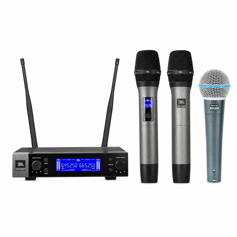JBL VM200 接收器、兩支 JBL VM200 及一支 Shure Beta 58A 麥克風